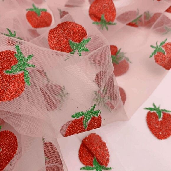 🍓 Strawberry Mesh Tulle Girly Cute Pink Puff Sleeve Glitter Midi Dress S NWT - Picture 12 of 16